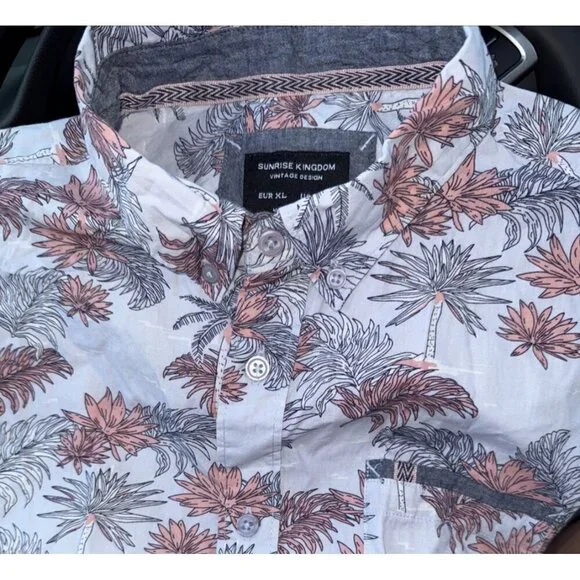 Sunrise Kingdom Vintage Design Hawaiian Palm Print Button Down Light Blue Coral - Picture 11 of 15